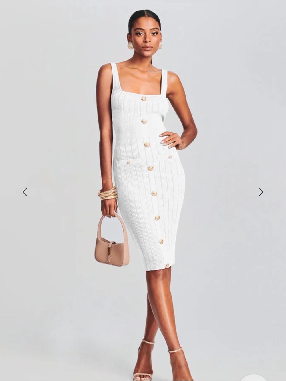 Retrofete White Ribbed Button-Front Midi Dress